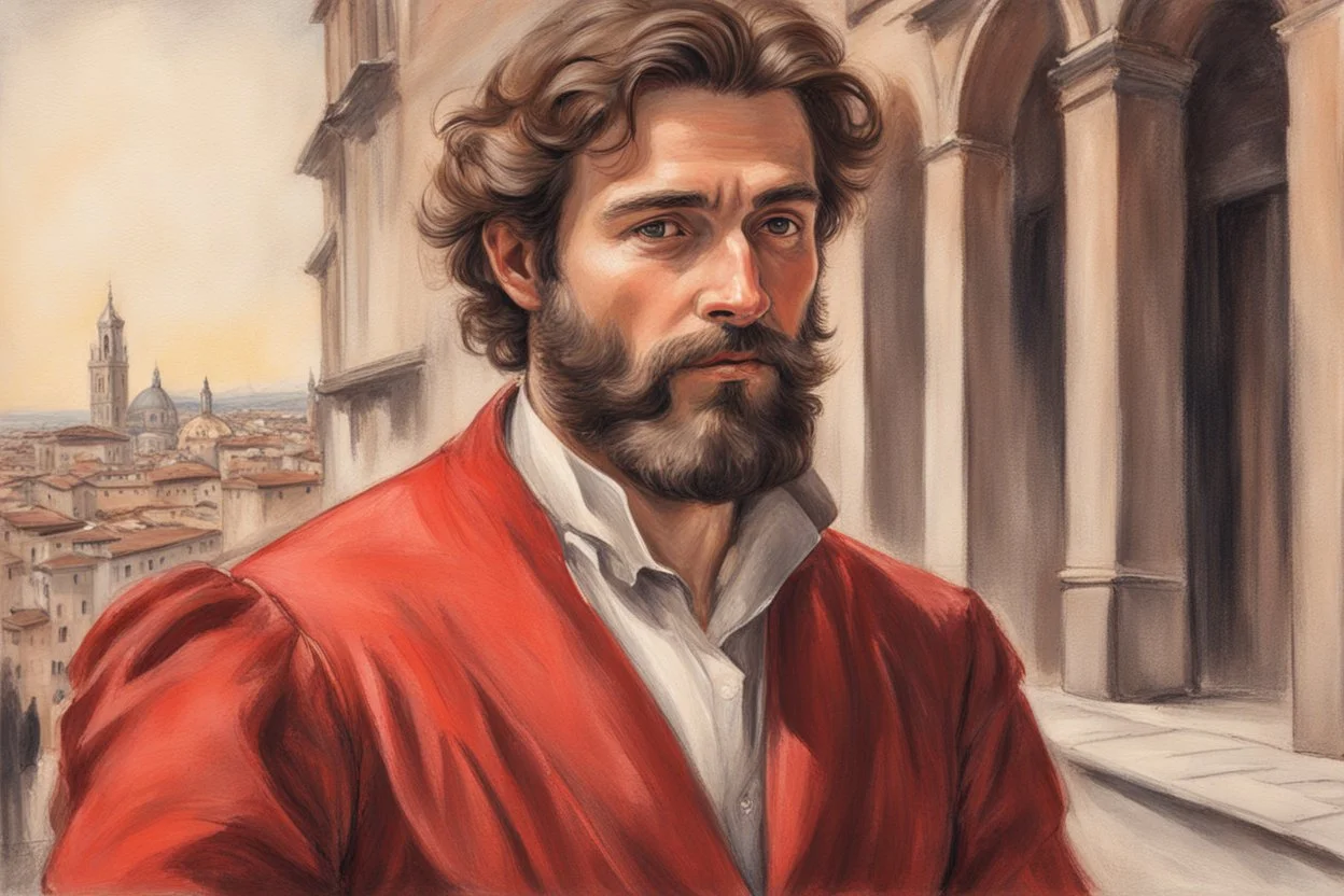 elegant handsome brown haired bearded man in firenze in red costume in sunshine, shading pastel and charcoal