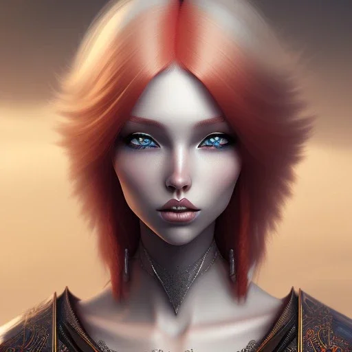 fantasy setting, redhead with white hair locks