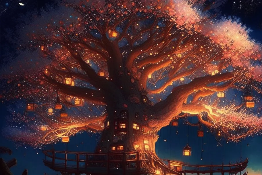 The tree of Heavens, huge tree floating heaven, warm and cozy, many huts on the tree, people, huge railing, firelights, blossoms, christmas decorations, fireflies, beautiful, Serene, Warm place