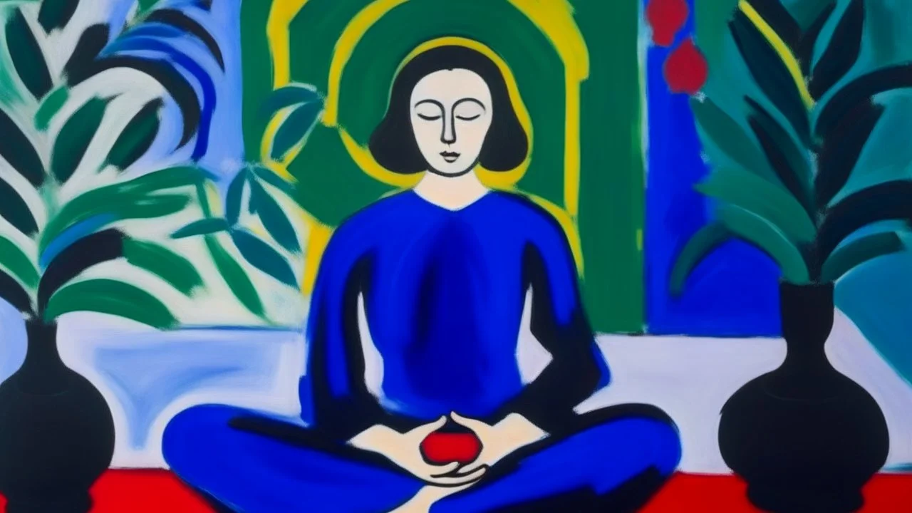 An oil painting by Matisse of a yoga teacher meditating.