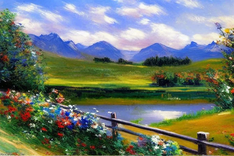 Sunny day, clouds, mountains, flowers, fence, grass, trees, distant trees, lesser ury impressionism painting