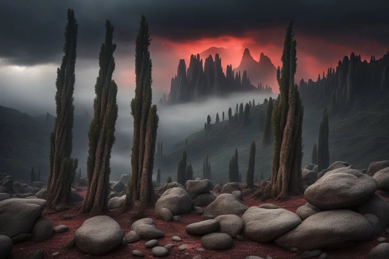 mountains, a gloomy rocky landscape, cypresses stretching up in the foreground, rocks and a bloody sky in the background