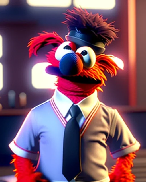 hybrid character, Elmo muppet head, realistic man body, human arms and hands, Shirt and tie, concept art, smooth, unreal engine 5, god lights, ray tracing, RTX, lumen lighting, ultra detail, volumetric lighting, 3d, finely drawn, high definition, 4k.