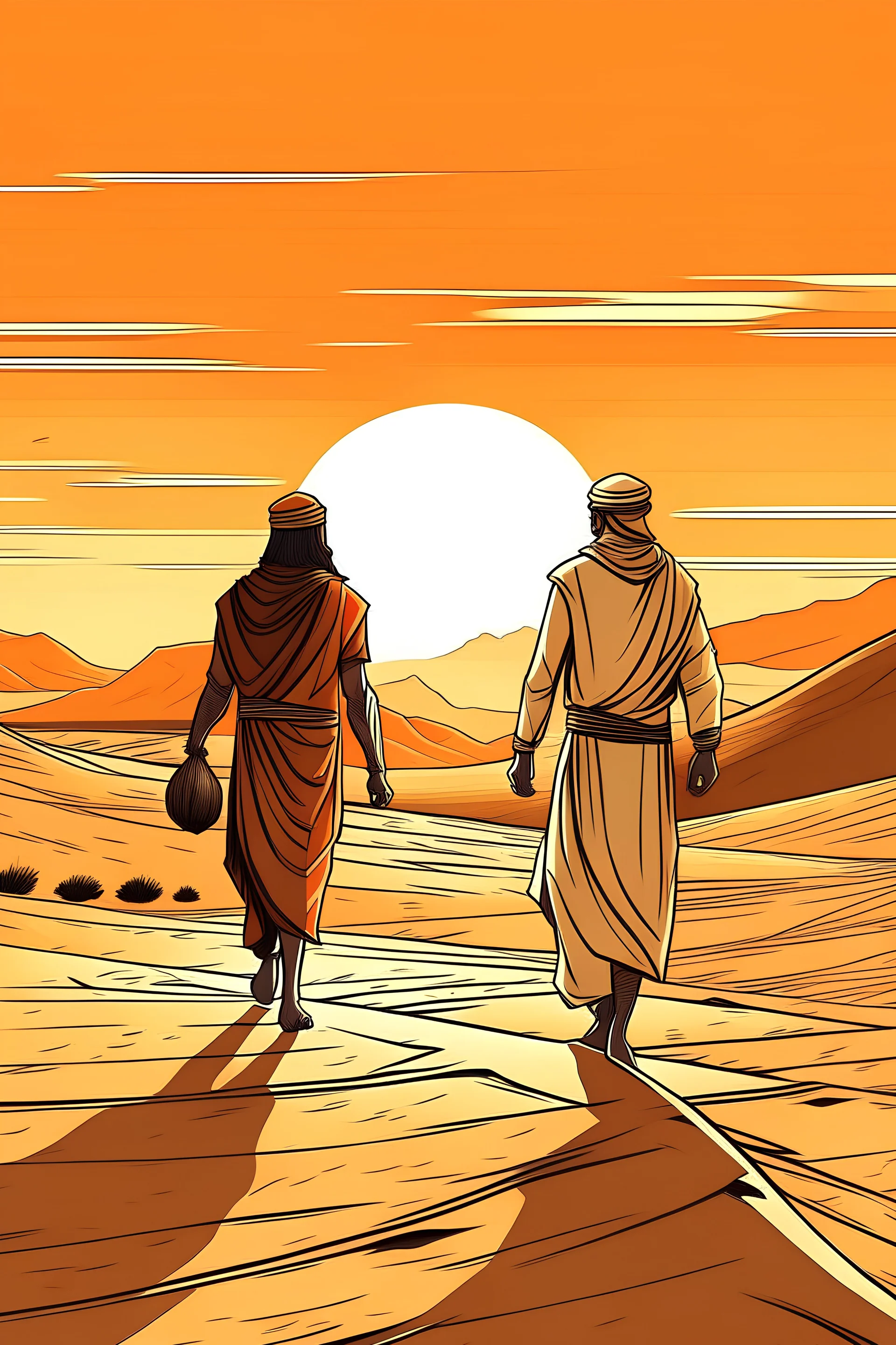Drawing of a Bedouin man walking with his friend towards sunset in a desert