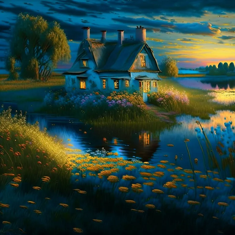 cottage , in the fields, Lake, airbrush, flowers by Van Gogh Modifiers: extremely detailed fantasy 8k oil on canvas very attractive dynamic lighting Unreal Engine cinematic postprocessing Van Gogh Thomas Kinkade glowing Craig Rutkowski