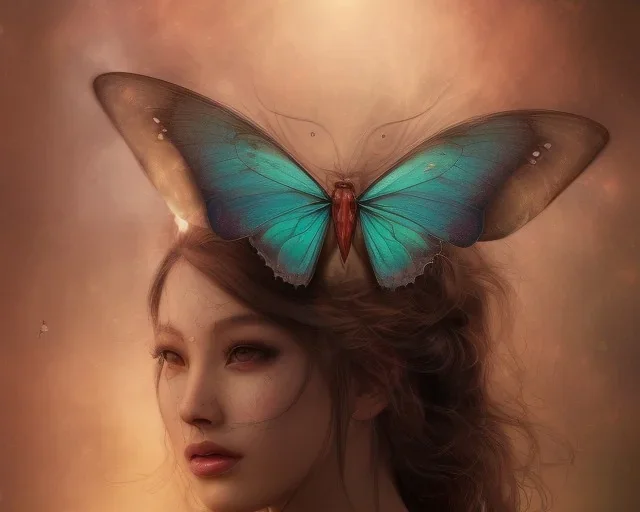 Beautiful mystical butterfly portrait, dark fantasy, romanticism, acrylic paint, chinese painting, magazine, highly detailed, ethereal, otherworldly, backlighting, rays of shimmering light, persian empire, artstation, silver, purple, black, teal, aqua, yellow, olive, vibrant, intricate,