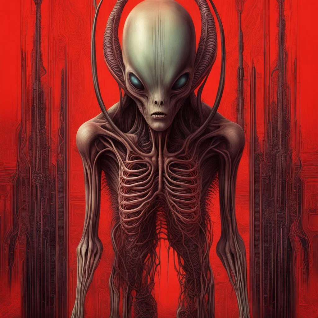 Neon hallucinary nyctophobic alien anatomy, abstract surreal horror, by H.R. Giger and Arthur Secunda and Anton Semenov, futuristic acid wash mind-bending illustration, dark shine burn, anatomical schematic cutaway guided by N(t)=N0​⋅e−kt,