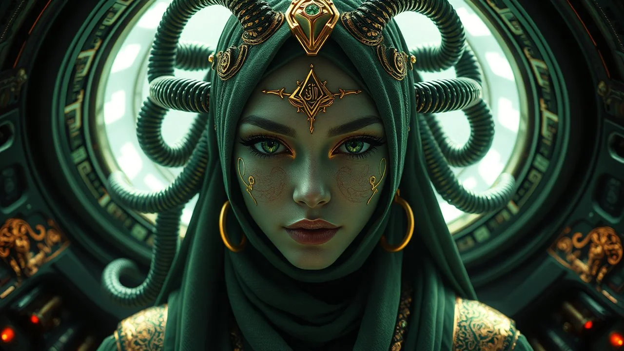 mdjrny-v4 style Medusa, greek mythology, young female face, green aesthetic, young female face, golden ratio, symmetric, elegant, ornate, luxury, matte painting, ultra realistic, concept art, intricate details, highly detailed, photorealistic, octane render, 8k, unreal engine, sharp focus, volumetric lighting unreal engine. art by artgerm and greg rutkowski and Alphonse Mucha and Vraska GolgariHijabi cute girl with cyberpunk prosthetics, with QURAN, in islamic dress, long hair, Spaceship inside,
