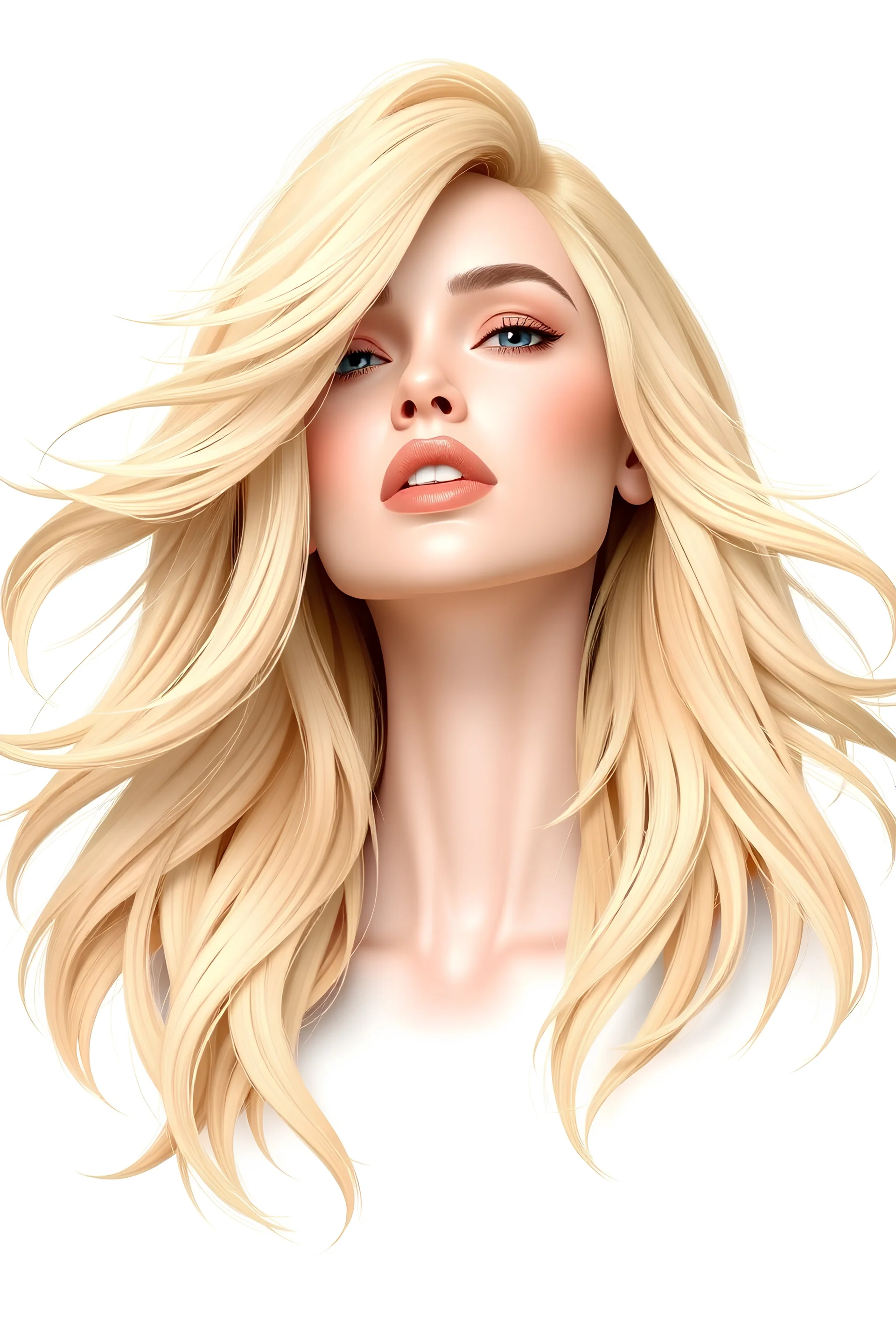 3d rendering illustration woman with flaying hair , blond hair,white background