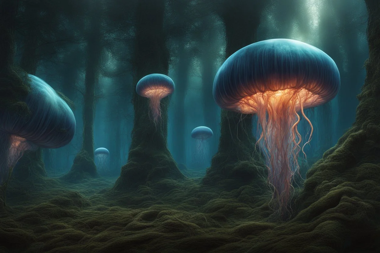 Alien jellyfish forest, photorealistic, Detailed Matte Painting, Deep Colour, Fantastical, Intricate Detail, sunshine, blue sky