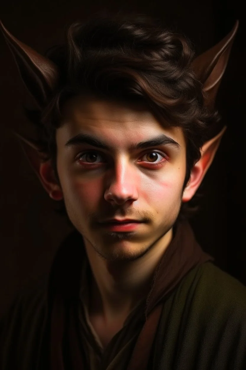A portrait of a young elf, a wizard, spike ears, brown hair, Caravaggio style