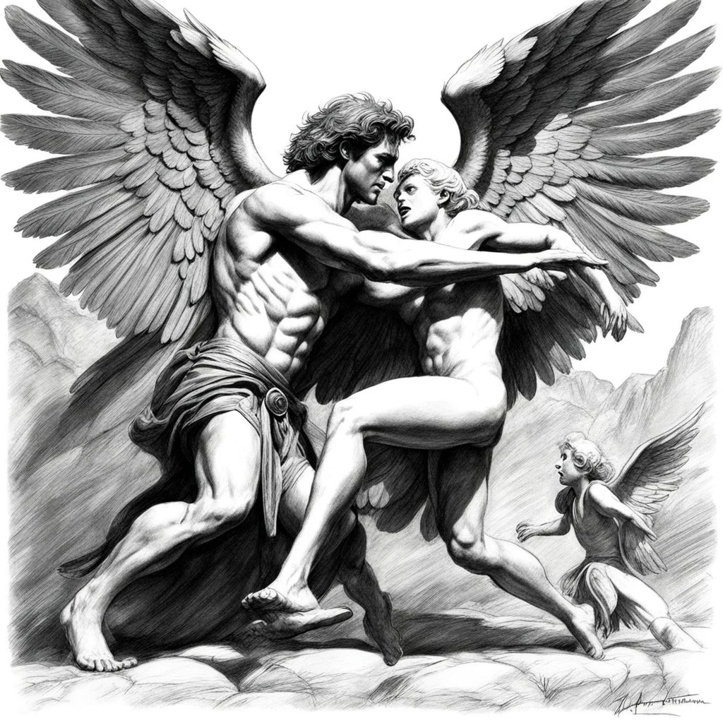 (black and white traditional pencil sketch digital drawing on paper by Ray Harryhausen) Jacob wrestling with angel