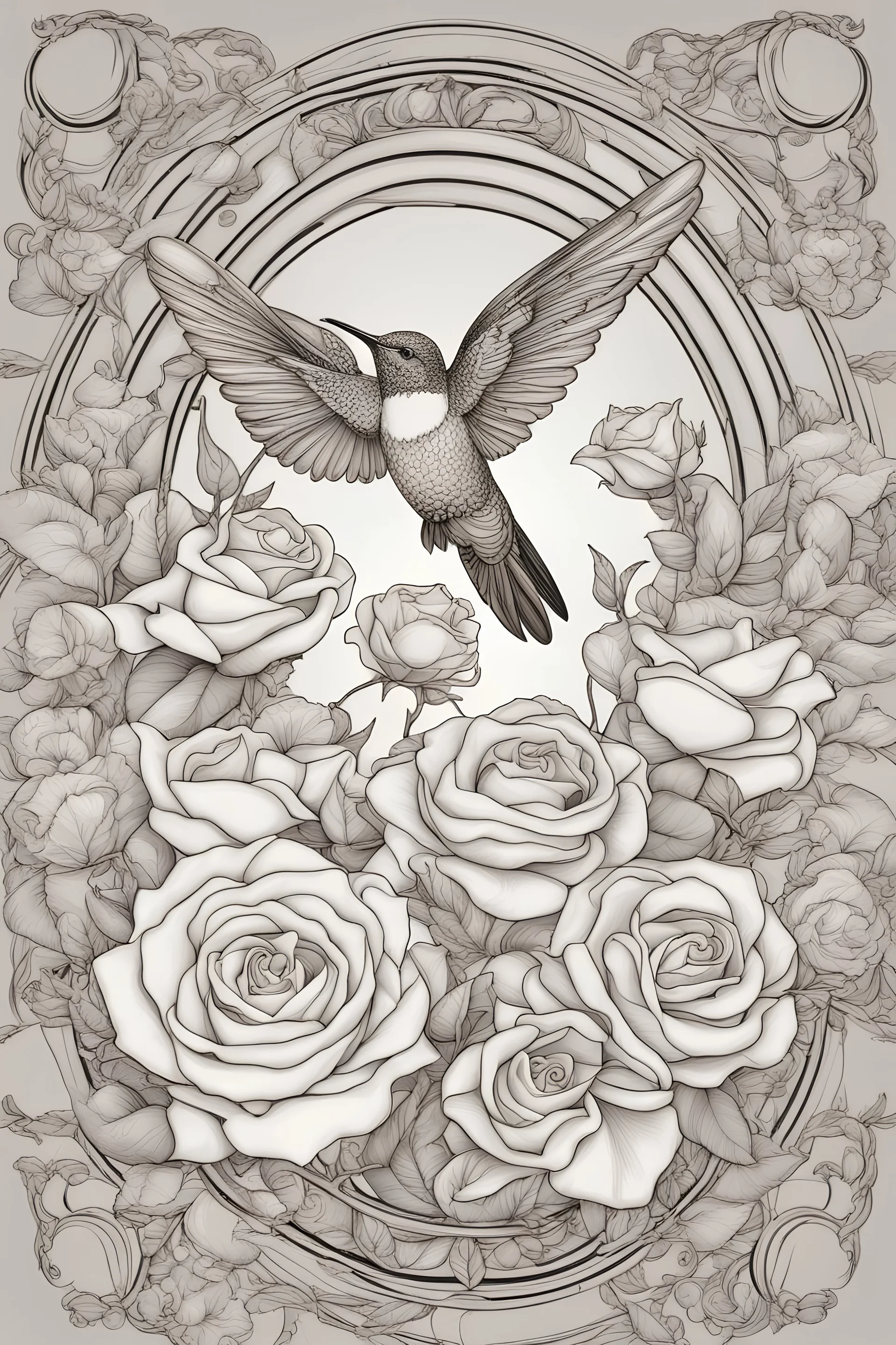 Mandala of blooming roses coupled with hummingbird details, mature coloring artwork, contour, vector, clean line art, white background, detailed, black and white, in the style of kalamkari design