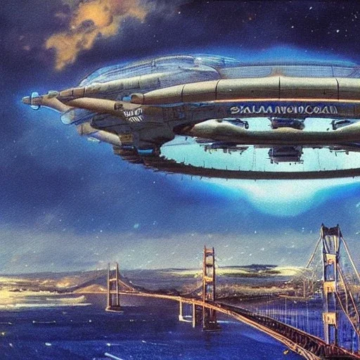 galaxian fantasy airships flying over San Francisco Bridge in a cloudy sky,Giant sci-fi super-panzer in the style of John Berkey