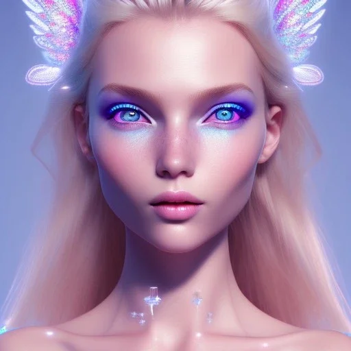  beautiful, soft, whide smile face, long blonde straight hair, blue eyes, fairy wings on the back, transparent crystal blue and pink background, big definition, 8K