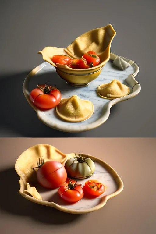 renaissance style still life composite, dish of Raviolis with natural tomato, albahaca, olives, olive oil. moisture, art, natural, ornaments, marble, gold, high kitchen, smooth, gradient color background, unreal engine 5, ray tracing, RTX, lumen lighting, ultra detail, volumetric lighting, 3d.