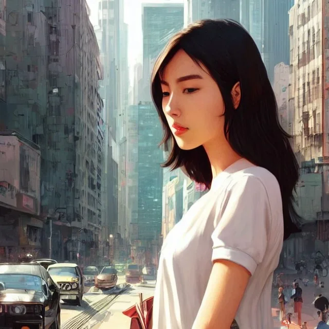 8k 4d photo realistic Highly detailed portrait of stunningly beautiful woman, Atey Ghailan, by Loish, by Bryan Lee O'Malley, by Cliff Chiang, by Greg Rutkowski, inspired by image comics, potrait illustration, busy city street in the background