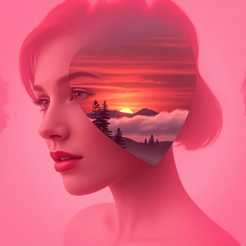 Double Exposure Of A Beautiful Woman (Face) With Mini Maroon Whirling Hearts With Cloudy Sunset And Small Pine Trees On Mountains on a Grunge Pink And Red Background.