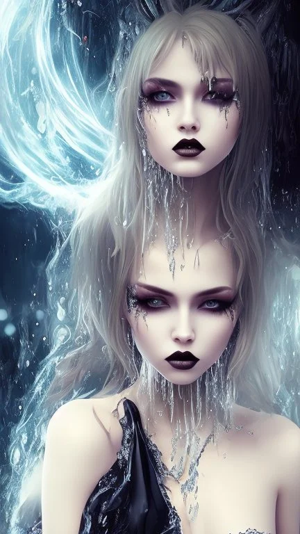 Full body and headshot of a young gothic woman dressed in clothing dripping like liquid, with no hat, with a multiverse background