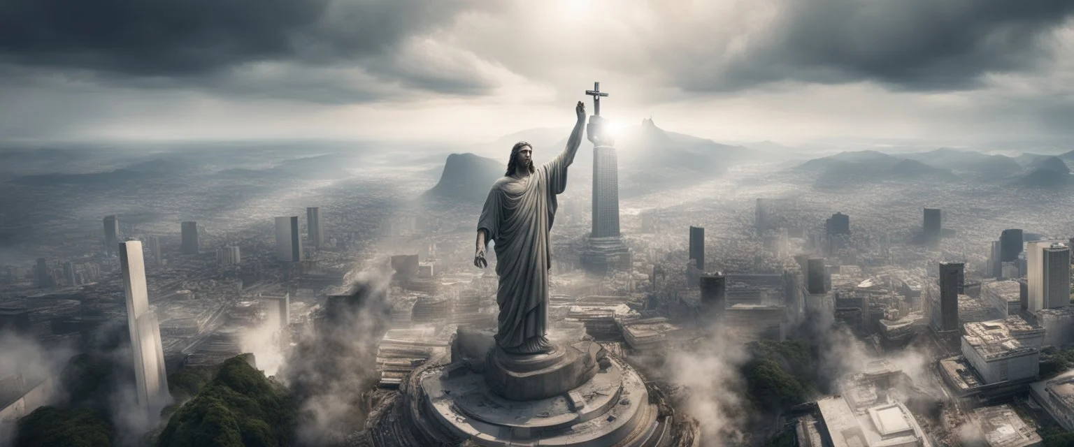 Hyper Realistic apocalyptic view of The statue of Christ the Redeemer