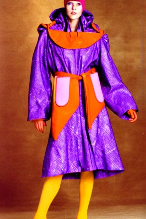 year 1990's women fashion. Light dress with integrated bags and with new kind of hood with tippet that continues downwards too! recycled denim straight, lilac, plum, orange, terracotta, red, light yellow, lion yellow, pink, dark blue, beige. Pike fish, huge vulgarism, -print. wide belt. Partly latex or leather. Kylie Monologue, Tyre Banks. Bridget Jones, Missy Elliot,Jennifer Lopez.Karjalainen kuvio,Karjala pattern tradition