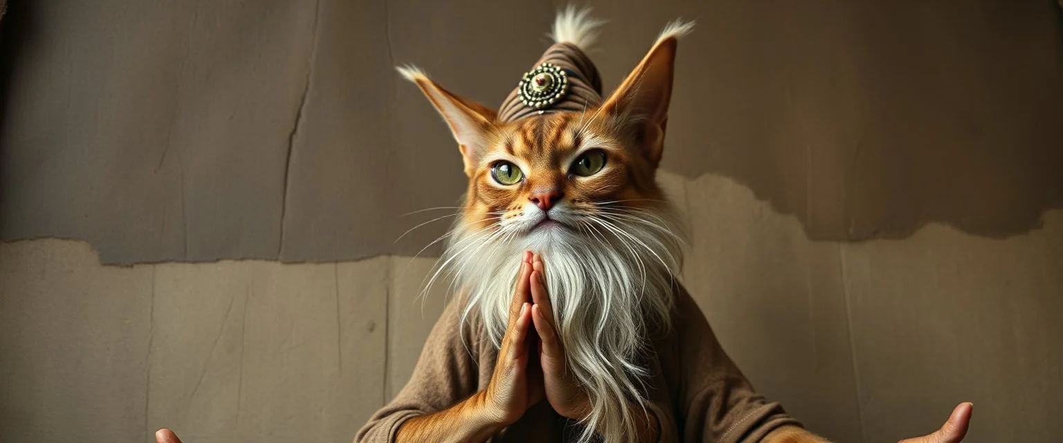 pin hole cam, master oil painting by Rembrandt,ohm ri shi lahkshmi super guru with lots followers looking like a salmon cat troll gremlin yoga guru, brown paper with rolled up burnt edges, he just heard something peculiar