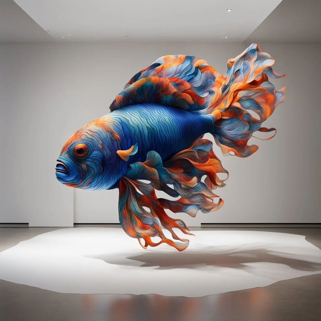 Imagine a large-scale sculpture made of your beautifully manipulated fabrics, arranged in such a way that it evokes the fluid and dynamic nature of a mandarin fish swimming.