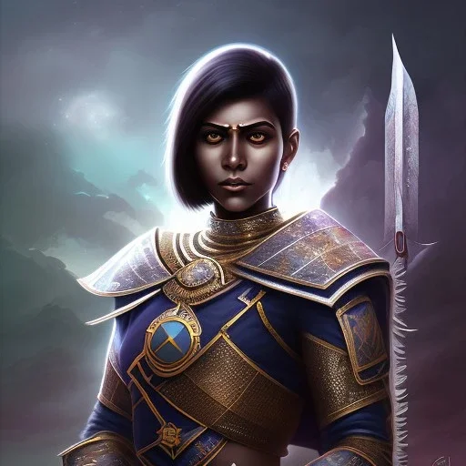 Fantasy setting, woman, dark-skinned, indian, ranger, 23 years old, shaved side haircut