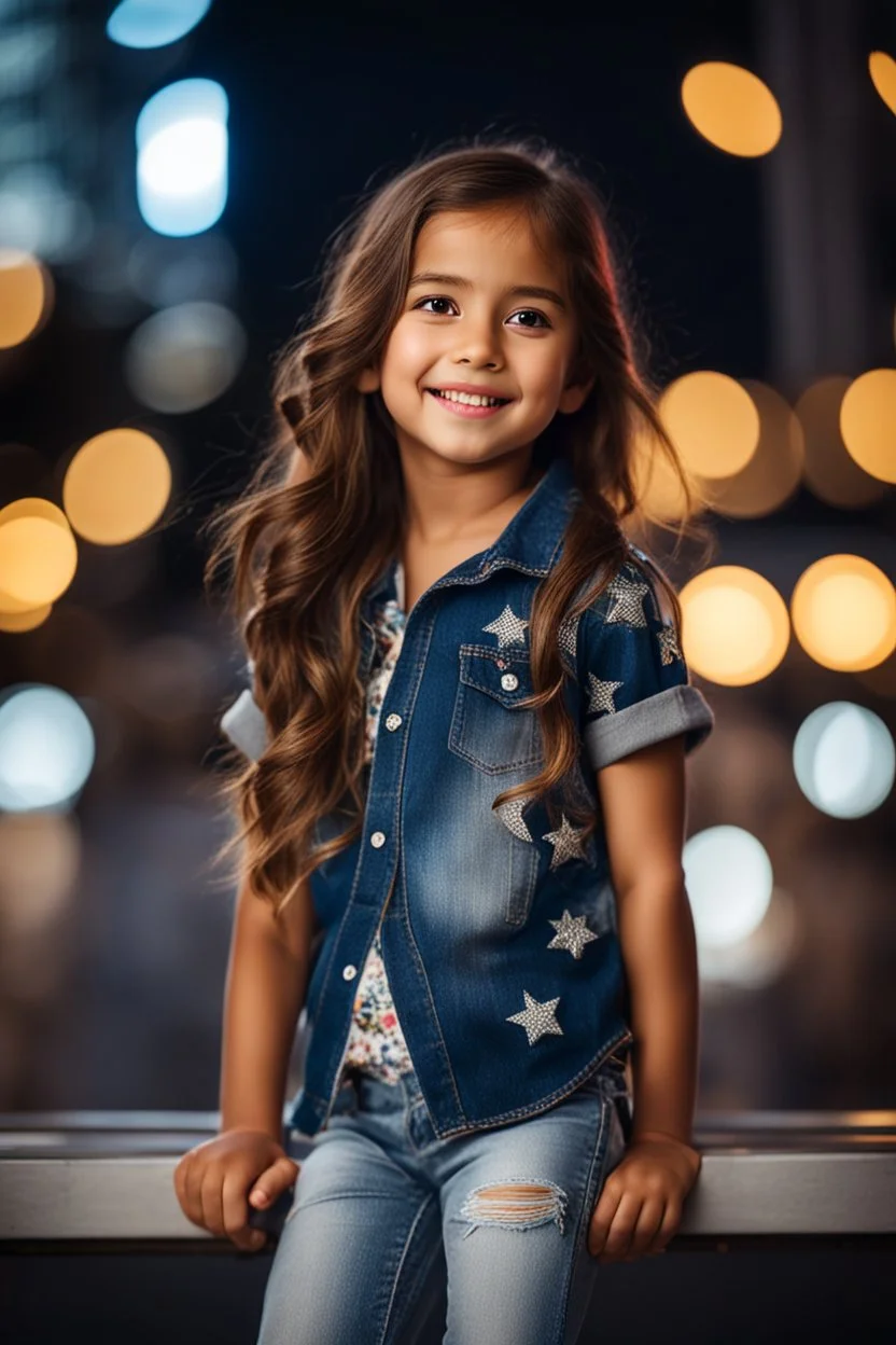 Little 6 years old beautiful girl perfect face,1girl wearing a pretty shirt and jean pant, standing pose,modern city ,night view