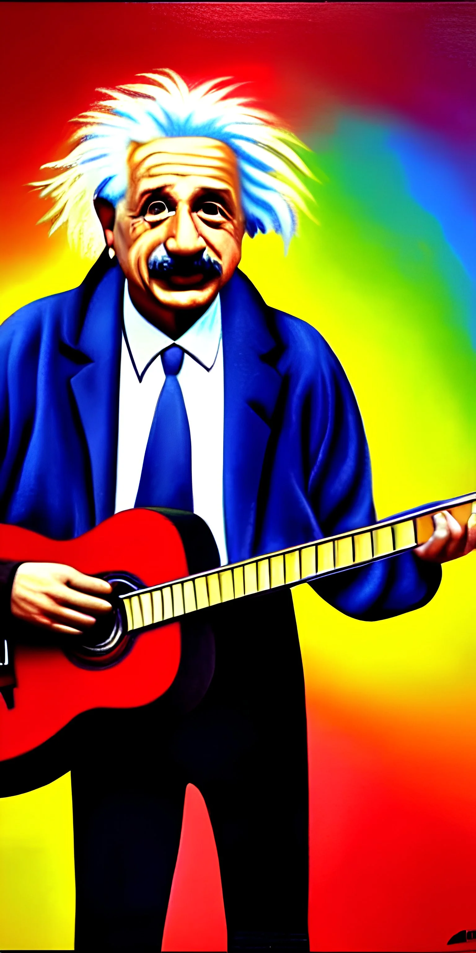 Albert Einstein tocando guitarra Ultra realista, Ultra detalhista glamuroso, gracioso realista pintura,tonalidade de vermelho, azul, verde, amarelo