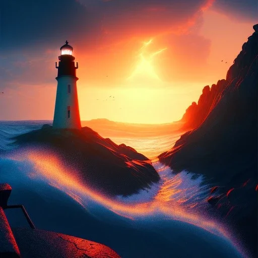 Fantasy, light house, Rocks, lighting, surreal, waves crashing below, 8k, sunset, sketch