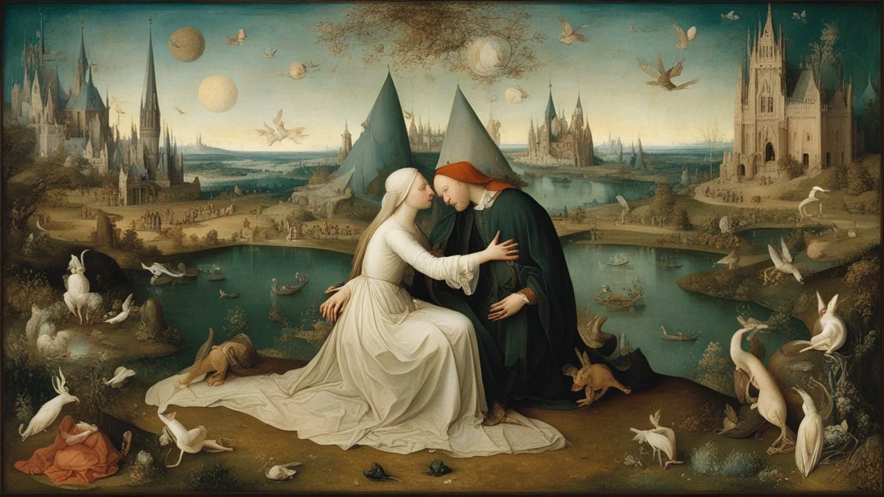 Style Hieronymus Bosch, order, peace, lovers embracing, luxury, dream world, calm beauty, fantasy world, magic, beautiful composition, exquisite detail