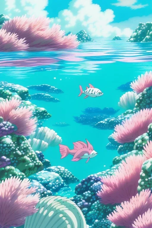 Underwater scene, a cute mermaid with pink hair and shimmering tail, rock, calm water, fish, beautiful colors, fine detail, high quality, seashell, octopus, mystical