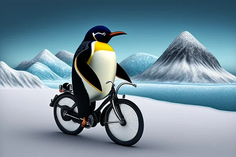 One single mature penguin, friendly, riding on a bike, perfect iris, perfect eyes, model style, hyper realistic, extremely accurate, delicate, extremely detailed, Graphic novel style, colours, wide-angle, open aperture, superfine pencil