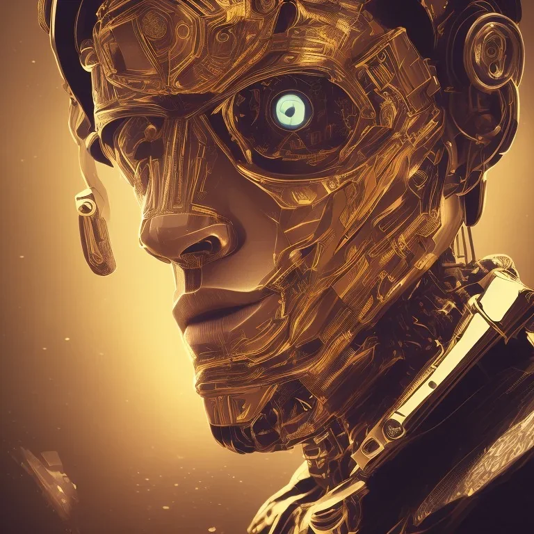 portrait front, face lionel messi, robot, golden, argentina flag intricate, sci-fi, cyberpunk, future,