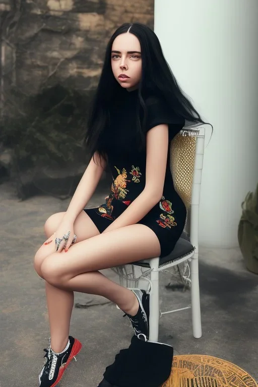 Billie Eilish, sitting on a chair, Black Short Dress, high detail, realistic, 8k