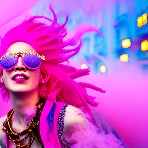 Ultra Realistic photo, medium shot view, drunken dancer women, carnival scene, steampunk. Pink hair, confeti, Sunglasses, smoking, happy, festival, red fog. highly detailed, concept art, unreal engine 5, ray tracing, RTX, lumen lighting, ultra detail, volumetric lighting, 3d, finely drawn, high definition, high resolution.