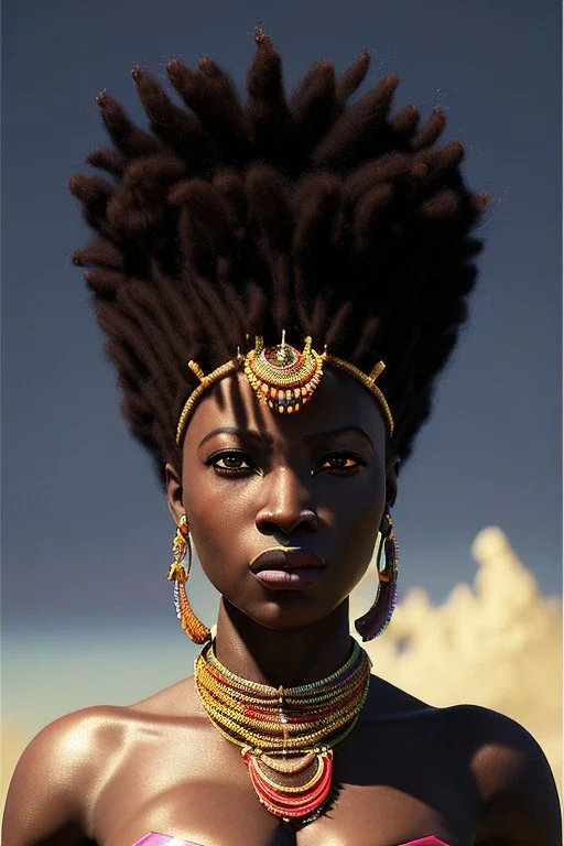 African female warrior, dreadlocks, colorful beads in hair, ominous, dnd character portrait, waist up portrait, intricate, oil on canvas, masterpiece, expert, insanely detailed, 4k resolution, retroanime style, cute big circular reflective eyes, cinematic smooth, intricate detail , soft smooth lighting, vibrant colors, hokusai style arm sleeve tatoo