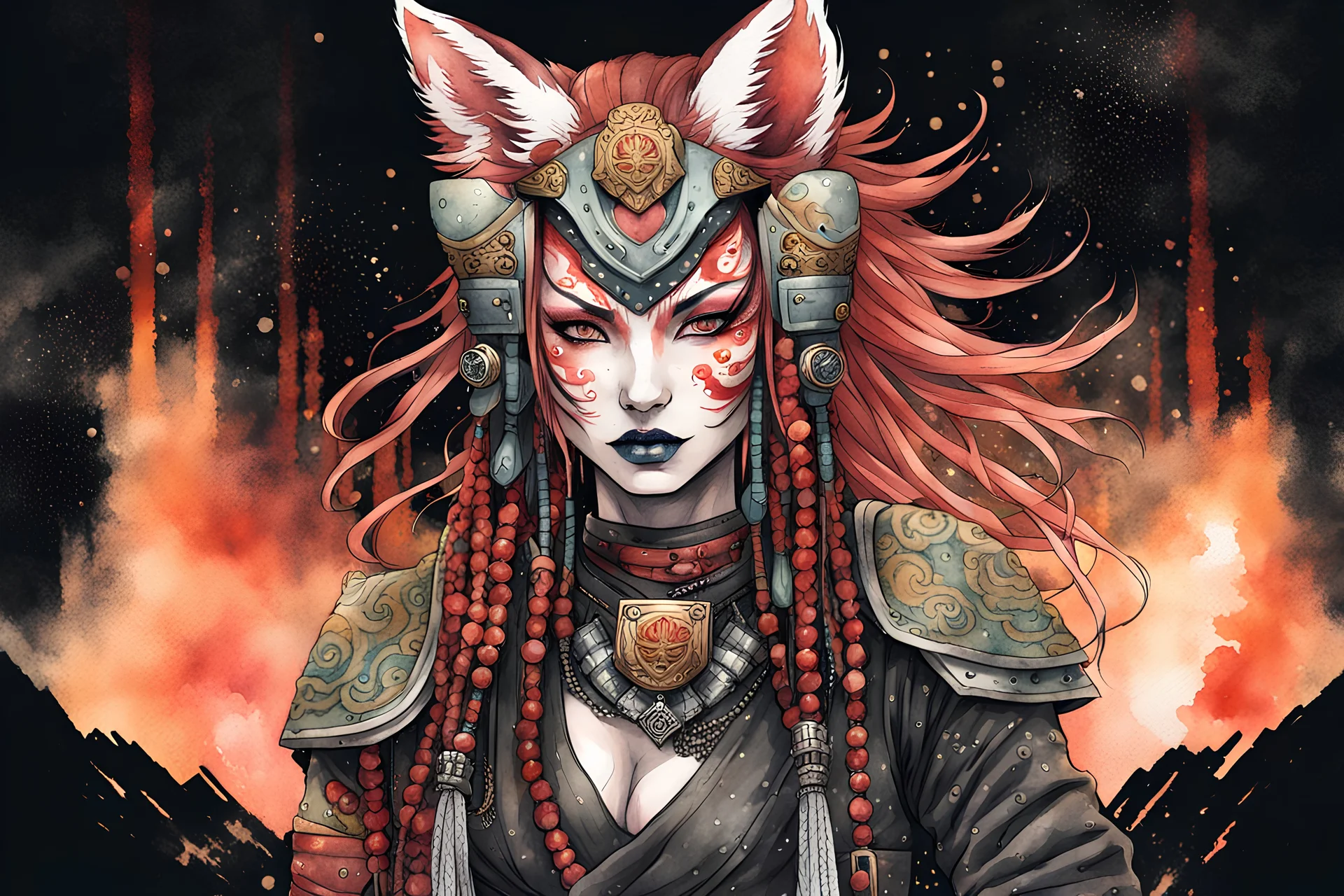 front facing watercolor portrait illustration of a gothpunk armored female kitsune vampire mercenary , beaded dreadlock hair, wearing an ancient ornate japanese kitsune mask , and shemagh, highly detailed with gritty post apocalyptic textures, caught in a cosmic maelstrom of swirling gases , finely detailed facial features and hair, in the graphic novel style of Bill Sienkiewicz, and Jean Giraud Moebius, ink wash and watercolor with realistic light and shadow