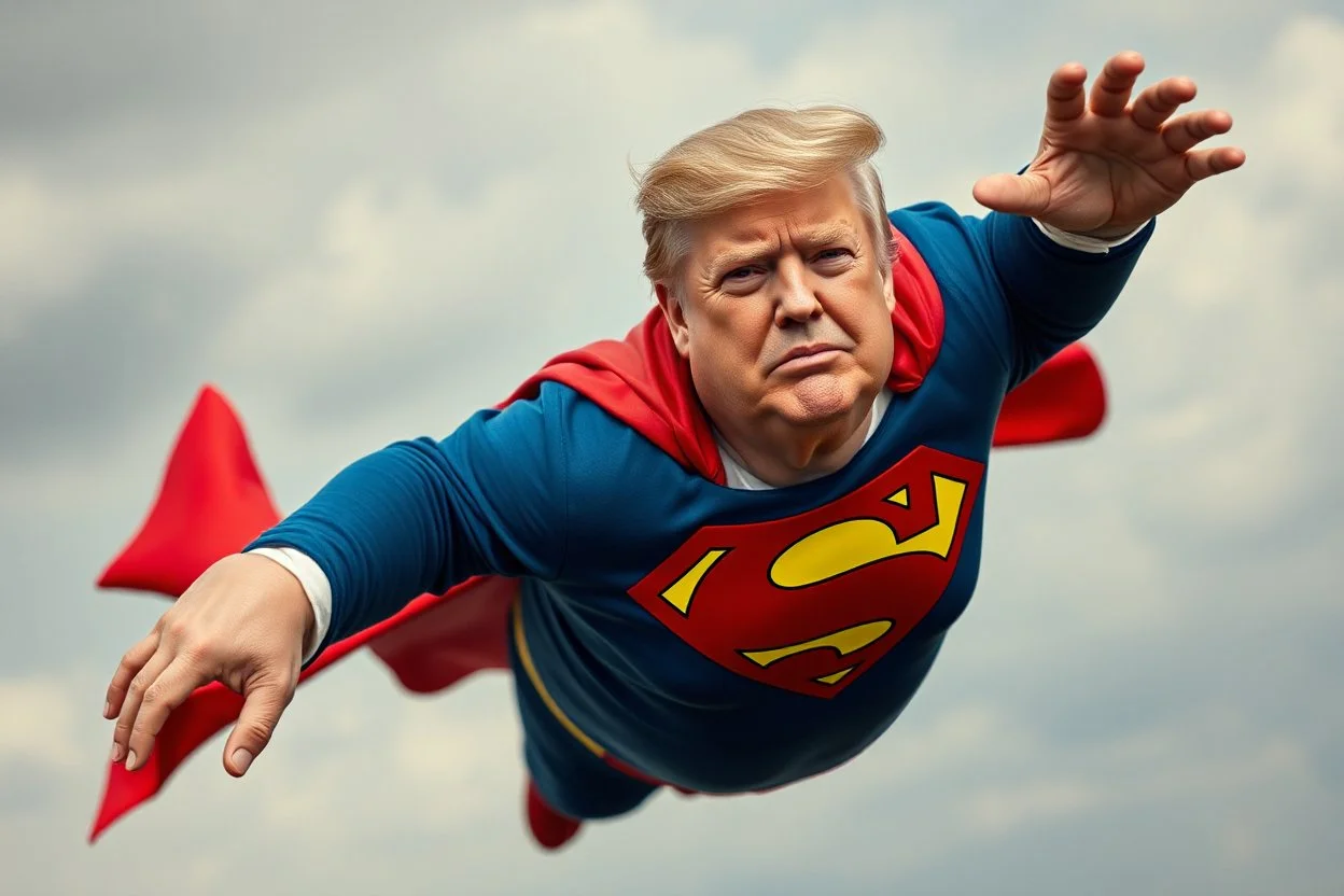 a thoroughly confused, frail, elderly and obese donald trump flying through the air dressed as superman