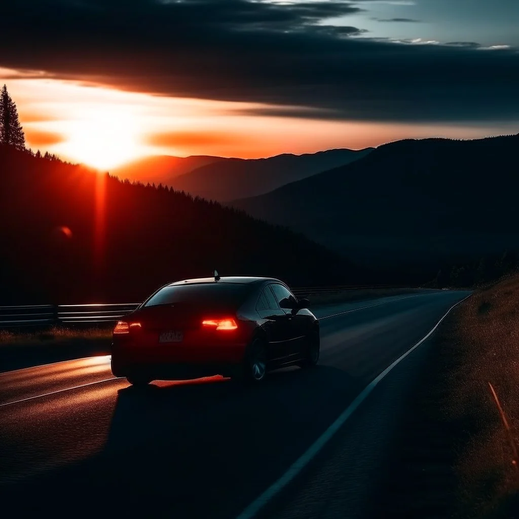 dark night, car taillights, driving towards a rising sun in the distance, mountains and forests next to the road, photo quality