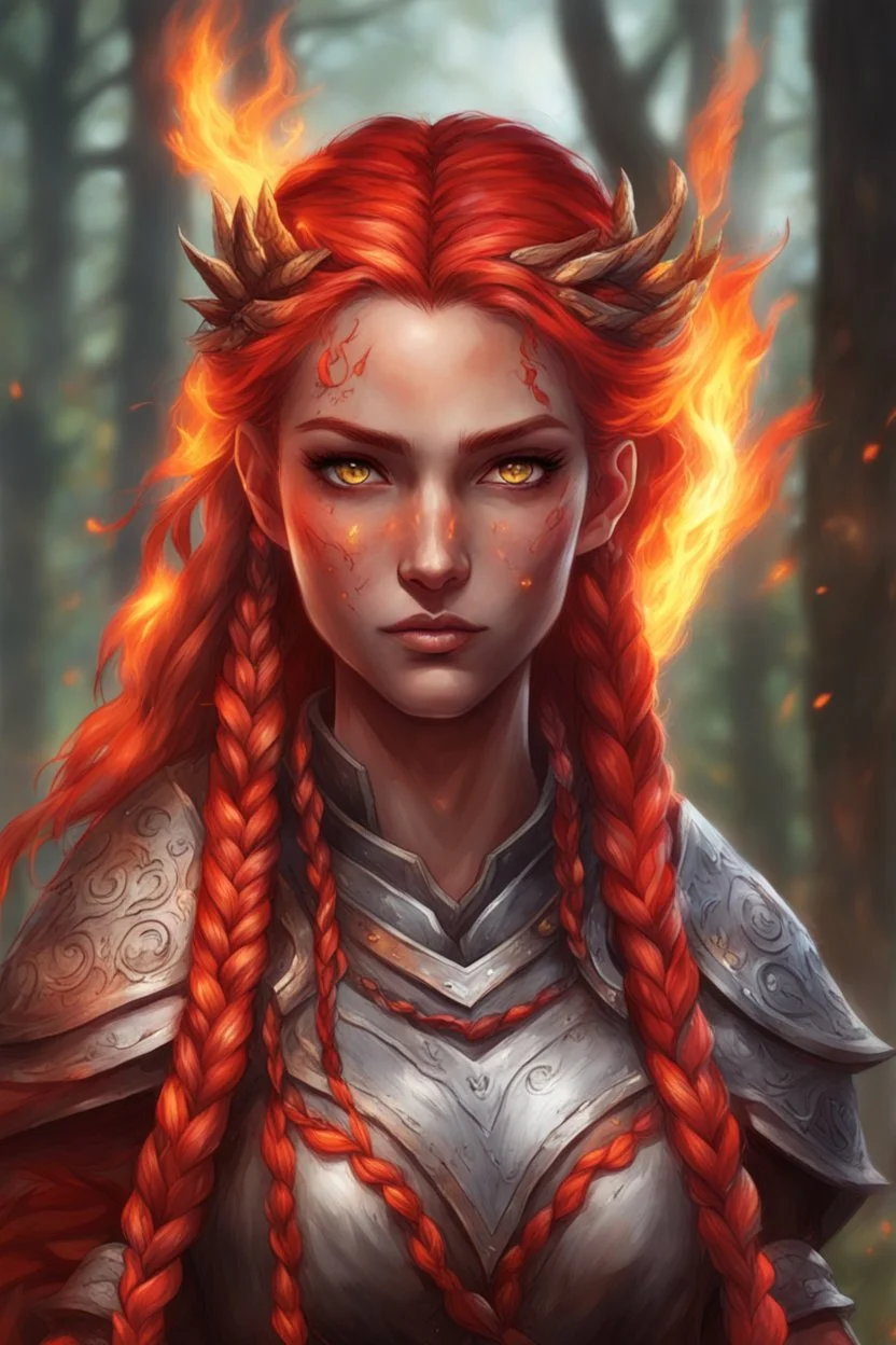 Female. Is a Druid and a paladin Hair is long and bright red. It has some braids and looks like it is on fire. Eyes are noticeably red color, fire reflects. Makes fire with hands. Has a big scar over whole face. Skin color is brown