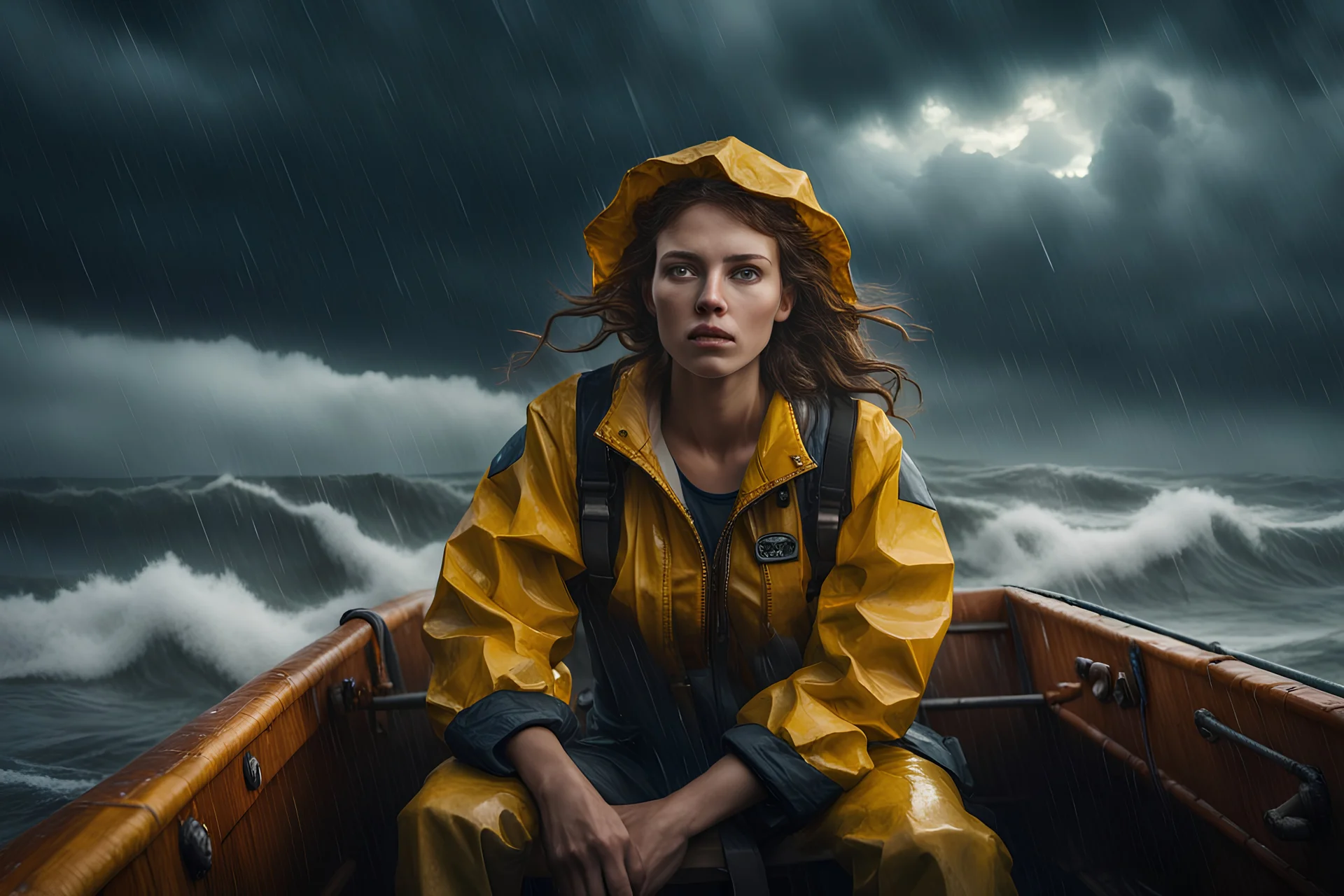 young woman worried at the big helm ride a fishing boat in the midst of a stormy moon at sea. Wet under the rain, with a yellow oilskin and a fisherman's salopette. High waves, splashes of water, sky with black clouds and lightning, look in camera, add shadows and reflections, highly detailed, vibrant, production cinematic character render, hyper-realistic high-quality model, HDR, 3d, 8K, ultra high quality, wide angle lens.