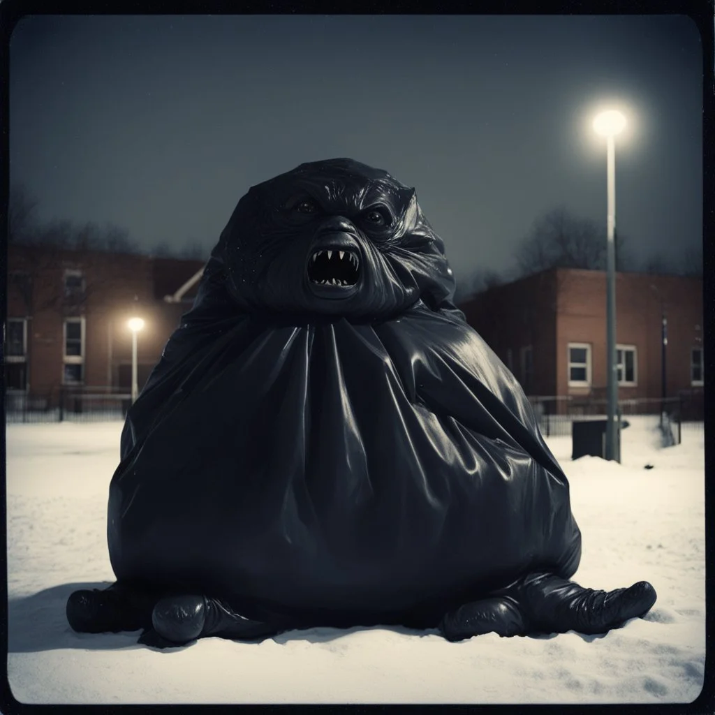 Dramatic vintage polaroid picture, hyperrealistic, gigantic puffy fat inflated black trash bag creature sitting in an empty school playground at night in the snow caught in the ambient streetlight, Lovecraftian trash bag creature with pouting confused look on face, sinister whimsey, oddball masterpiece, sfumato, Gallows humor, complex contrast, dynamic composition