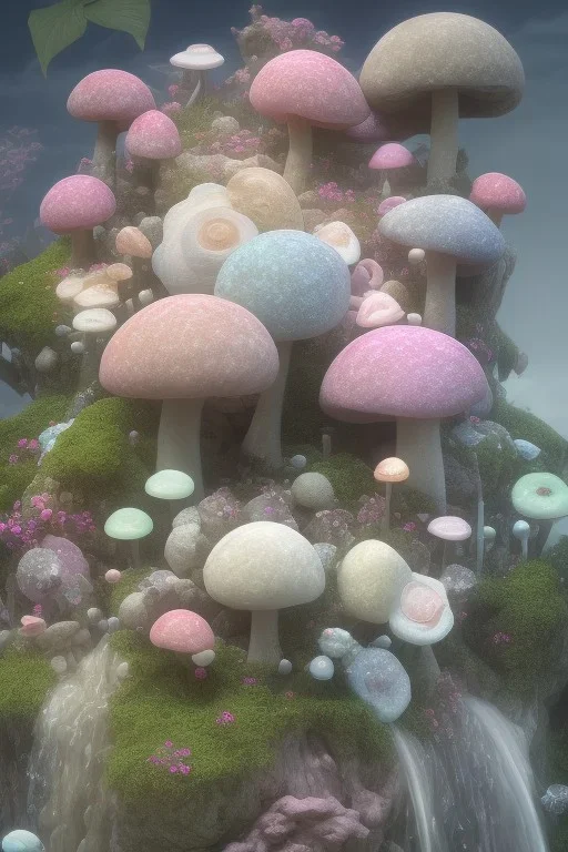 lac turquoise, petit rocher avec mousse, hobbit house,great flower fleurs pink and white, champignon, etoile filante, cristaux, vray, cgi