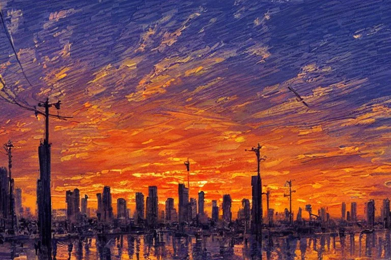 Sunset, cyberpunk buildings near trees, highway, people, sci-fi, concept art, tendency to impressionism, realistic painting