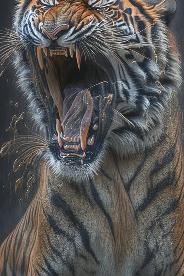 a full grown hyper-realisitc tiger screaming melting like wax, hyper-realistic natural form, full body, highly detailed melting details, emotional expression, detailed emotions, hyper detailed melting of the animal to the ground, engraved fur details, anatomically correct animal, dark colour tone, epic colour treatment, cinematic colour treatment, meticulously intricate perfectly symmetrical extremely detailed, pixiv daily ranking, pixiv, extreme depth of field, artstation, sculpture style, spec