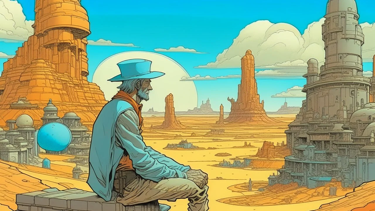 Generate an image inspired by the style of Jean Giraud's work (Moebius)