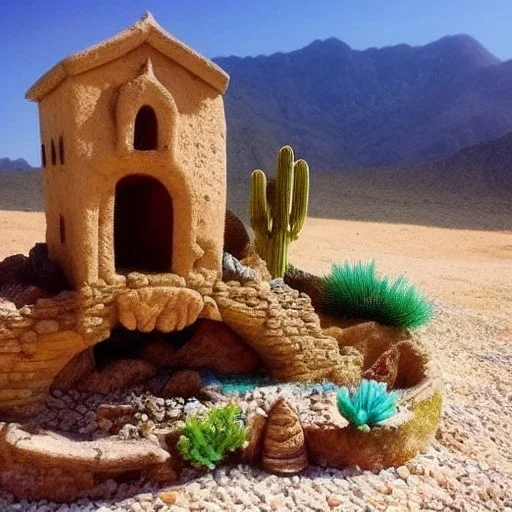 berg, wüste, ruinen, meer,fische, fairy house, foto realistisch,