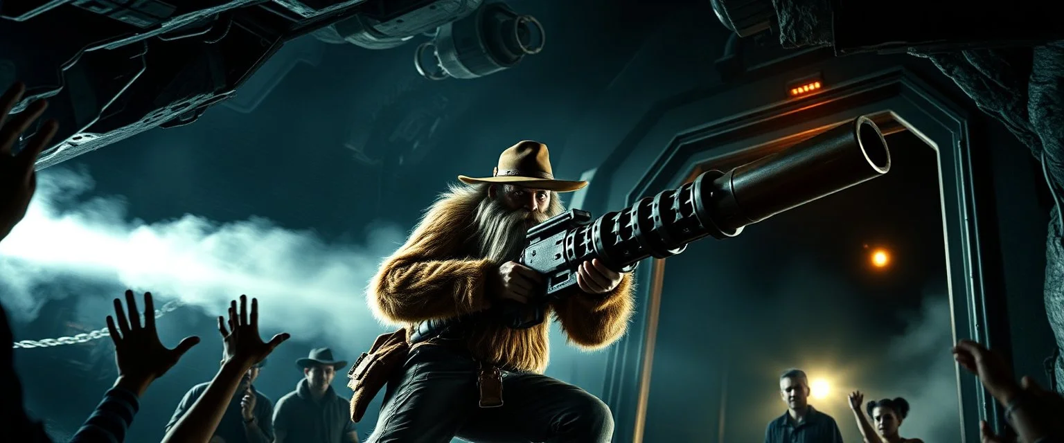 movie poster, portrait interview cowboy Abominable Yeti climbing outside space ship in cave holding huge mounted chain gun, motion blur, smoke and steam flashlights, prisoners with hands up